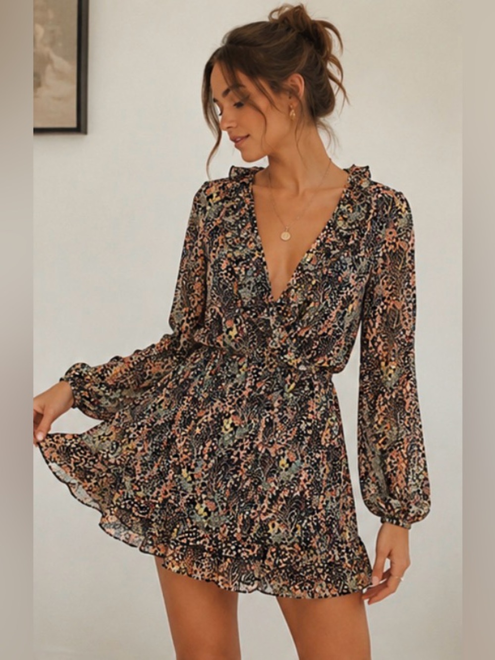 Topshop Floral Ruffle Mini Dress Sheer Sleeve Boho US 2